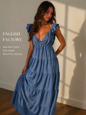 ENGLISH FACTORY Blue Ruffle Sleeve Maxi Dress NWT Romantic Summer Dress Size L